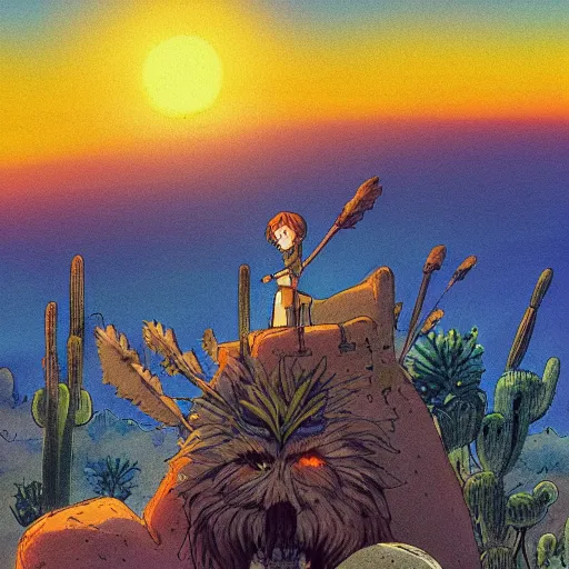 Image similar to sunset in the desert, fantasy art, illustration, animated film, by studio ghibli