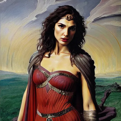 Prompt: Oil painting of the beautiful woman Gal Gadot, she is wearing some withe ancient greek cloths and a surreal ornate, her hair is natural disheveled, naturalism, dramatic lighting, high-detailed oil painting by Ilya Repin, Michelangelo da Caravaggio, William Blake, Alex Grey and Beksinski, trending on Artsatio, masterpiece, 4k, 8k,