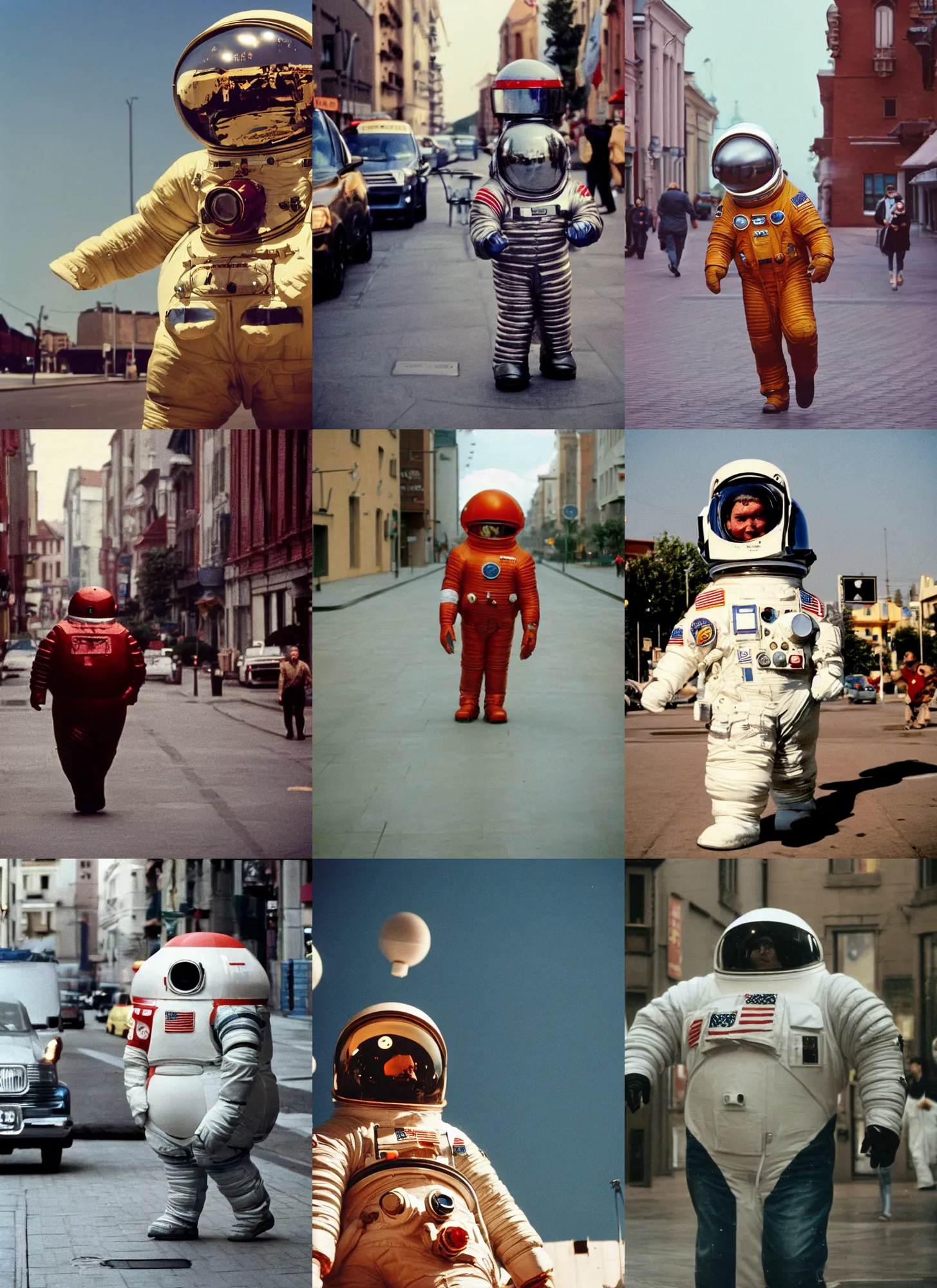 Prompt: a 3 5 mm kodachrome photo of a enormous giant towering chubby american astronaut in spacesut with oversized helmet walking in legnica, movie still, bokeh, canon 5 0 mm, cinematic lighting, dramatic, film, photography, depth of field, award - winning, overcast, 8 k, 3 5 mm film grain