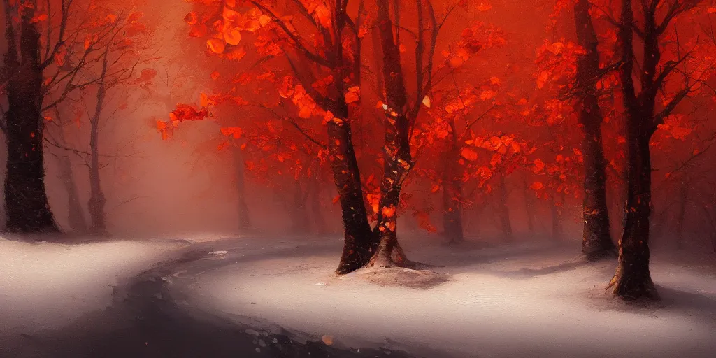 Image similar to A beautiful oil painting of a valley covered in snow, trees with red and orange leaves, yellow lighting, gloomy, atmospheric lighting, detailed, by greg rutkowski, trending on artstation