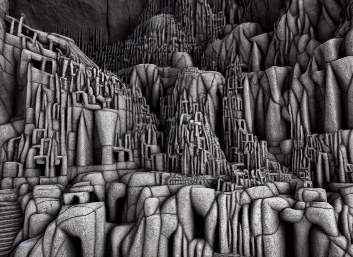 Image similar to the mines of moria. dwarven architecture carved out of the interior of a mountain. light from rivers of molten iron. immense open cavern with many levels of walkways spanning the void, stairs. drums in the deep. kingdom of dwarves. statues, geometric knot carvings, squared basalt support columns, photorealistic, 8 k, octane render