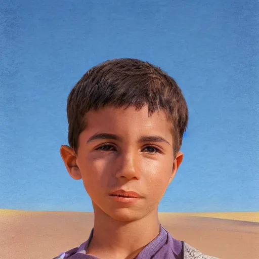 Image similar to a detailed portrait of a boy in the desert, art illustration, incredibly highly detailed and realistic, 8 k, sharp focus