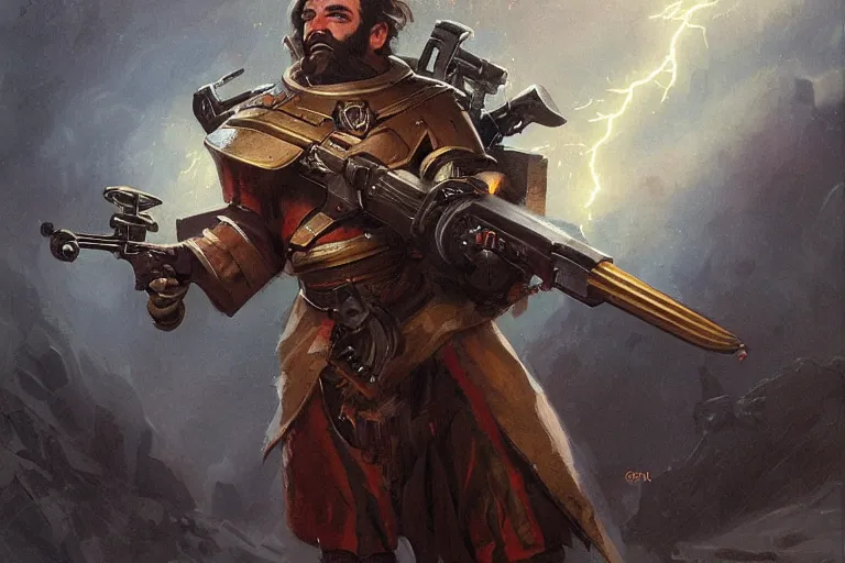 Image similar to this dwarven plasma gunner is holding a flintlock rifle charged by lightning by Greg Rutkowski, highly detailed, sharp focus