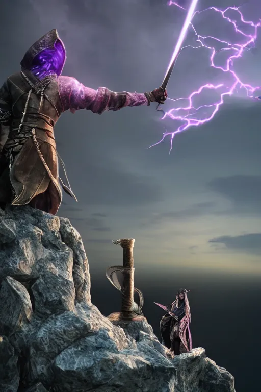 Image similar to hyper realistic wizard holding a sword that’s pointed towards the sky, getting shocked by purple lightning, standing on a mountaintop, octane, trending on artstation, hyper realistic, highly detailed, unreal engine, amazing depth of field, 8k