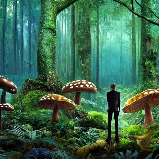 Image similar to extra wide view. person made of mushrooms standing in a marvelous magic forest jungle inhabited with fantastic creatures. iridescent. annihilation. hyper - detailed. hyperreal. unreal render.