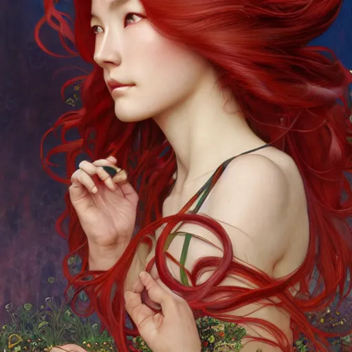 Image similar to portrait of Asuka Soryu with red long wavy hair drawn by Donato Giancola and Tom Bagshaw and Julie Bell, face by Artgerm, overall design by Alphonse Mucha, background by James Jean and Gustav Klimt, 4k, porcelain skin, komorebi, french nouveau, trending on artstation, octane render, hyperrealistic