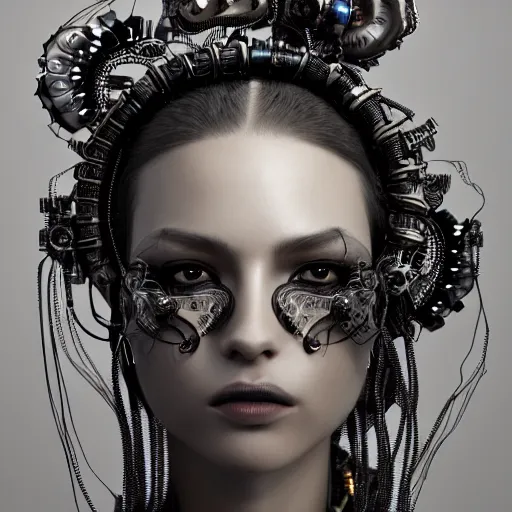 Prompt: portrait of an absurdly beautiful, graceful, sophisticated, fashionable black cyberpunk mechanoid gravure idol, fashion photography, hyperdetailed illustration by irakli nadar, matt wisniewski style, intricate linework, dark black skin, jellyfish headdress, bone necklace, unreal engine 5 highly rendered, global illumination, radiant light, detailed and intricate environment