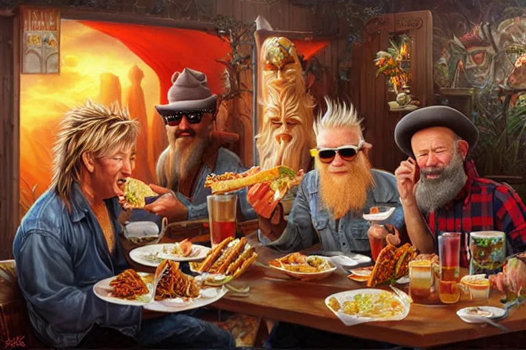 Image similar to rod stewart eating tacos with zz top, an oil painting by ross tran and thomas kincade