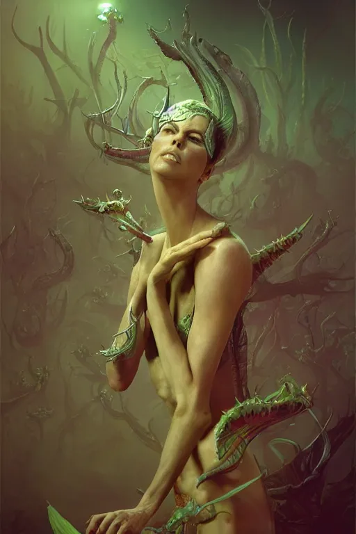 Image similar to Charlize Theron as Venus flytrap, intricate, highly detailed, smooth, artstation, digital illustration by Ruan Jia and Mandy Jurgens and Artgerm and Wayne Barlowe and Greg Rutkowski and Zdislav Beksinski