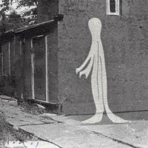 Image similar to scary unproportionally tall ghost creature in the middle of a village, 1920s picture