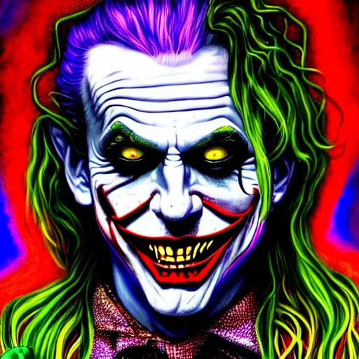 Image similar to An extremely psychedelic portrait of Rob Zombie as the Joker, surreal, LSD, face, detailed, intricate, elegant, lithe, highly detailed, digital painting, artstation, concept art, smooth, sharp focus, illustration