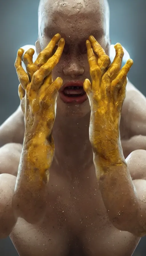 Image similar to epic masterpiece torment, drama, sweaty skin, hyperrealistic, octane render, cinematic, beautiful face and flawless skin, perfect hands, 5 fingers, yellow by Lorenzo Sperlonga, Legends of Runeterra