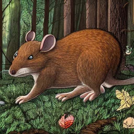 Prompt: maus in forest, by rivuletpaper, rivuletpaper art, fairy tale illustrations, very detailed, 8k, high resolution