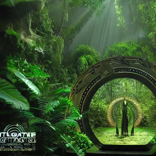 Image similar to stargate sg 1 in a densely overgrown jungle, fantasy, dreamlike sunrise volumetric lighting, ultra realistic, atmospheric, stopped in time, epic