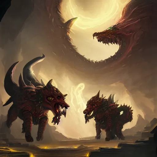 Image similar to hell cerberus, hell background, epic fantasy style, in the style of Greg Rutkowski, hearthstone artwork