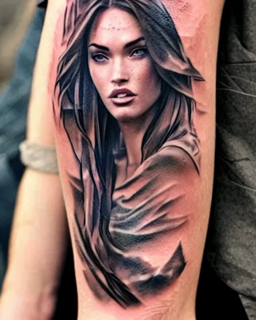 Image similar to creative double exposure effect tattoo design sketch of megan fox faded with beautiful mountain scenery, realism tattoo, in the style of matteo pasqualin, amazing detail, sharp