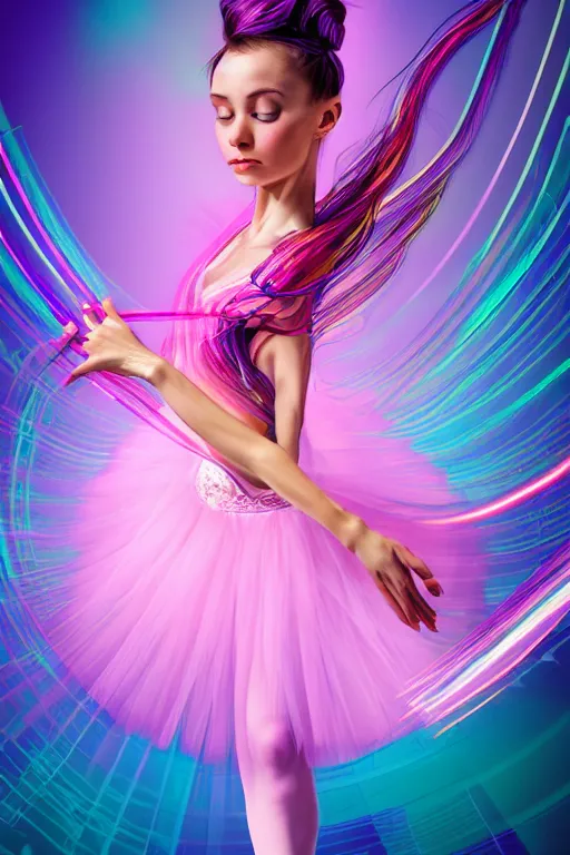 Image similar to a award winning half body portrait of a beautiful ballerina in a crop top and tutu with ombre purple pink teal hairstyle and hands in pockets by ari liloan, surrounded by whirling illuminated lines, outrun, vaporware, shaded flat illustration, digital art, trending on artstation, highly detailed, fine detail, intricate