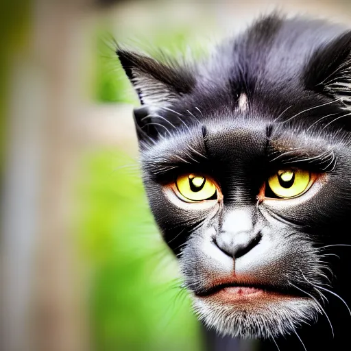 Image similar to a feline cat - chimpanzee - hybrid, animal photography