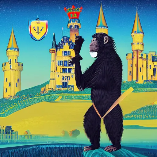 Prompt: A computer art that features a chimpanzee surrounded by a castle turret. The chimp is shown wearing a crown and holding a scepter, and the castle is adorned with banners. biopunk by Eyvind Earle, by Nikolina Petolas kaleidoscopic
