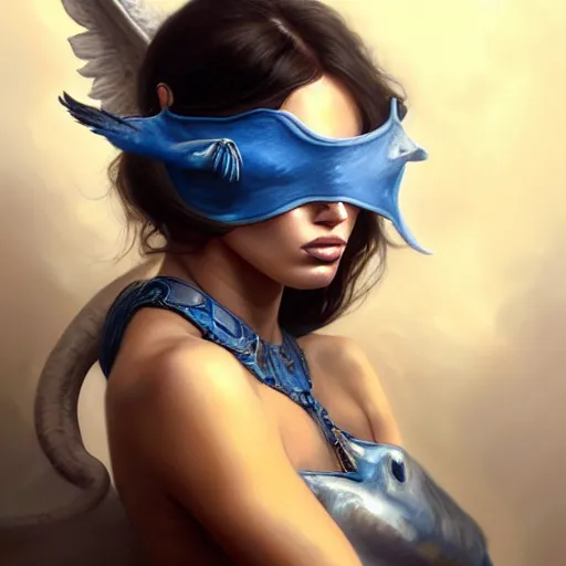 Prompt: ! dream portrait of megan fox blindfolded, muscular upper body, collar, greek, jewelry, blue dress, fantasy, intricate, elegant, highly detailed, digital painting, artstation, concept art, matte, sharp focus, illustration, art by aenaluck and roberto ferri and greg rutkowski, epic fantasy, digital painting