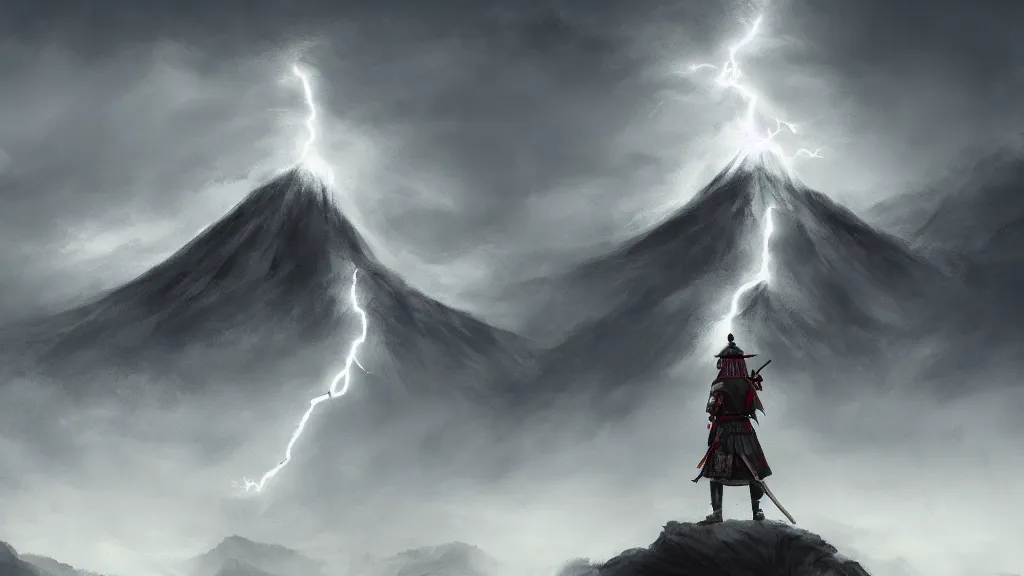 Image similar to samurai standing at the peak of a mountain, japanese style, majestic, digital painting, cinematic lightning, highly detailed, trending on artstation