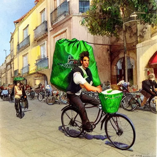 Image similar to a food delivery guy on his bicycle wearing a big green bag at the streets of Lisbon, art by Stephen Hickman