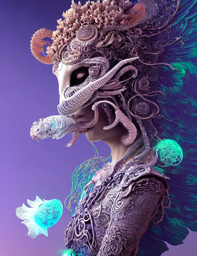 Prompt: 3 d goddess close - up profile solarpunk portrait ram skull. beautiful intricately detailed japanese crow kitsune mask and clasical japanese kimono. betta fish, jellyfish phoenix, fractal flame, bio luminescent, plasma, ice, water, wind, creature, artwork by tooth wu and wlop and beeple and greg rutkowski