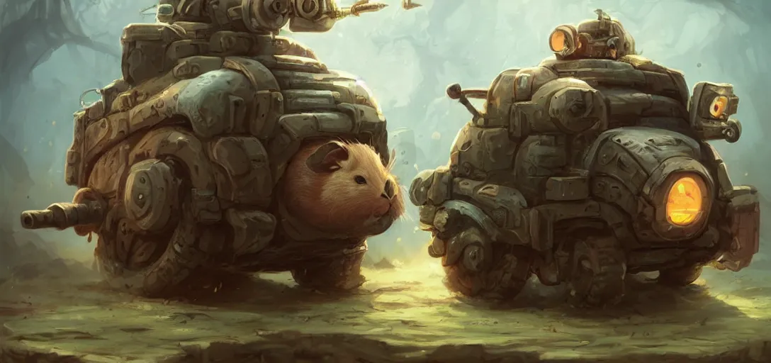 Prompt: cute little anthropomorphic Guinea Pig driven tank battalion driving towards a city, ultra wide lens shot , tiny, small, short, cute and adorable, pretty, beautiful, DnD character art portrait, matte fantasy painting, DeviantArt Artstation, by Jason Felix by Steve Argyle by Tyler Jacobson by Peter Mohrbacher, cinematic lighting