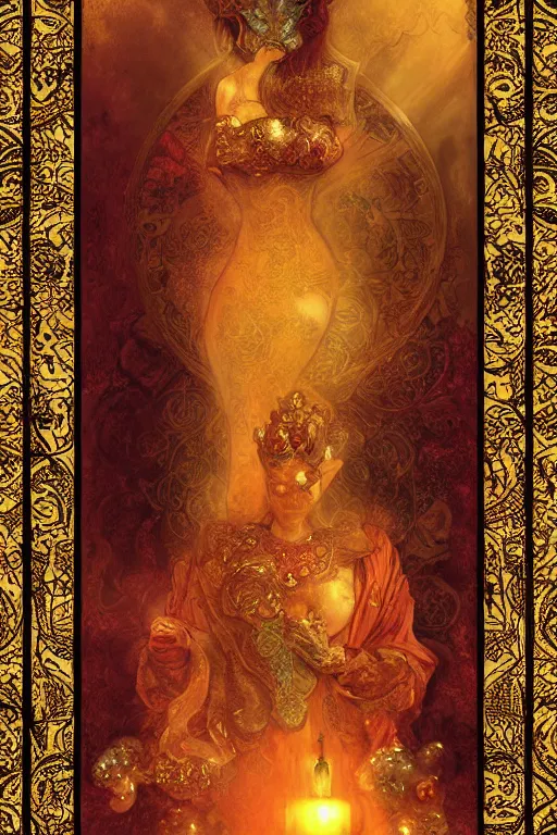 Image similar to tarot card artstation, portrait of a tarot card reader, sunrise, baroque ornament and rococo ornament, ancient chinese ornate, hyperdetailed, beautiful lighting, craig mullins, mucha, klimt, yoshitaka amano, red and gold and orange color palatte