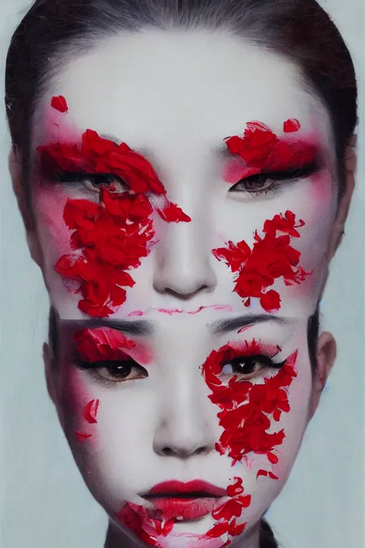 Image similar to beautiful woman's fractured face blended with red flowers jacky tsai style, pale skin, make up, acrylic on canvas