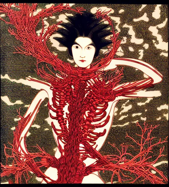 Image similar to still frame from Prometheus harvest goddess cyborg in crimson filament mycelium dressed by Neri Oxman and alexander mcqueen metal couture haute couture editorial by utagawa kuniyoshi by giger