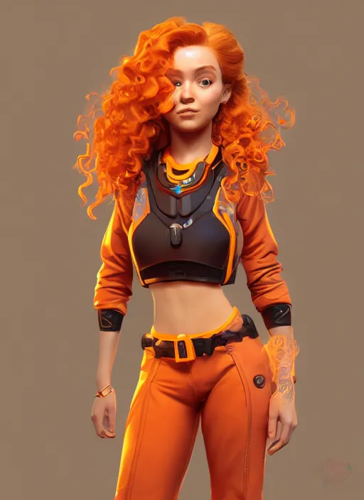 Image similar to glowwave portrait of curly orange hair girl as a agent, au naturel, hyper detailed, digital art, trending in artstation, cinematic lighting, studio quality, smooth render, unreal engine 5 rendered, octane rendered, art style by pixar warner bros dreamworks disney riot games and overwatch