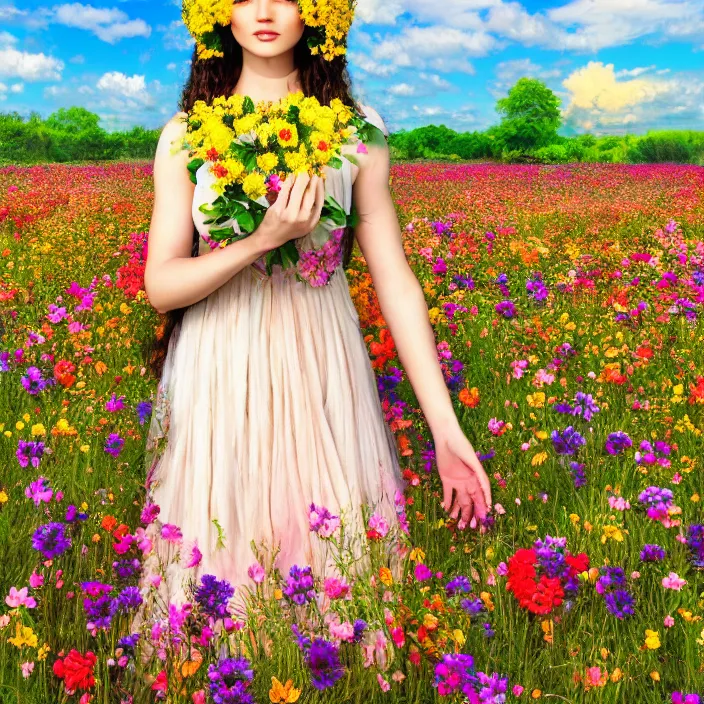 Image similar to photograph of a real-life beautiful flower goddess with ornate dress sat in a flower field. Extremely detailed. 8k