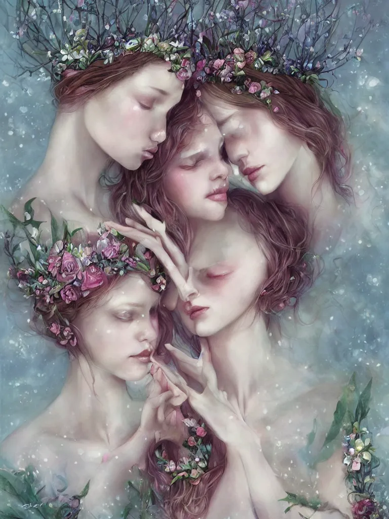 Prompt: two beautiful elegant sexy fairies embracing with crowns of flowers, by charlie bowater, full body, highly detailed, symmetrical face