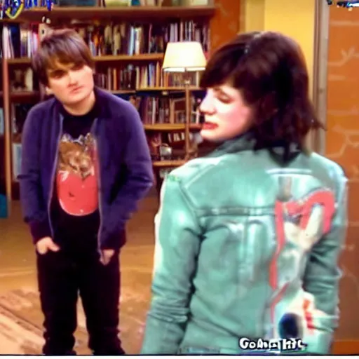 Prompt: a screenshot of Gerard Way talking with Carly in ICarly (2007) , low quality, vhs quality,