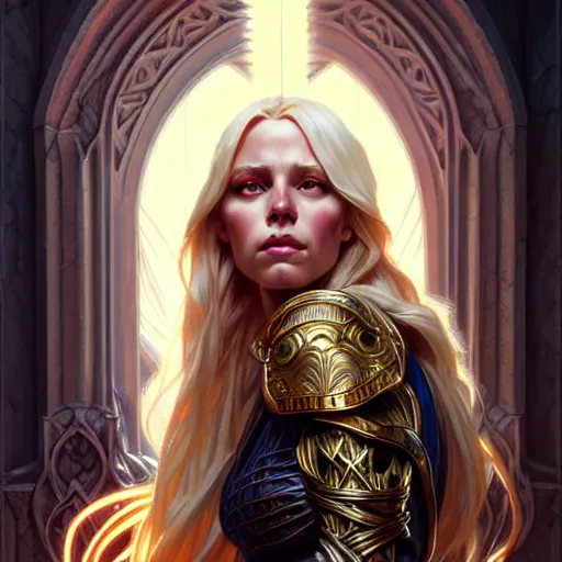 Image similar to An epic fantasy portrait of a blond woman, castle setting, horror movie lightning, intricate, elegant, highly detailed, digital painting, artstation, concept art, matte, sharp focus, illustration, art by Artgerm and Greg Rutkowski and Alphonse Mucha