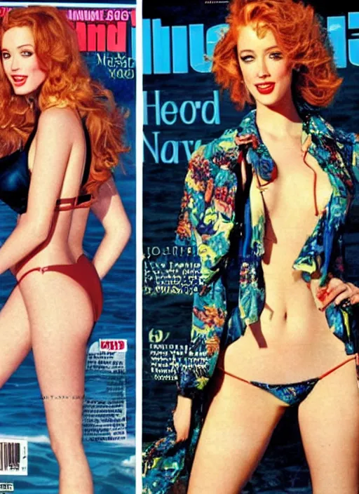 Prompt: christina hendricks and amber heard hybrid on the cover of swimsuit illustrated 1 9 8 0, vintage print