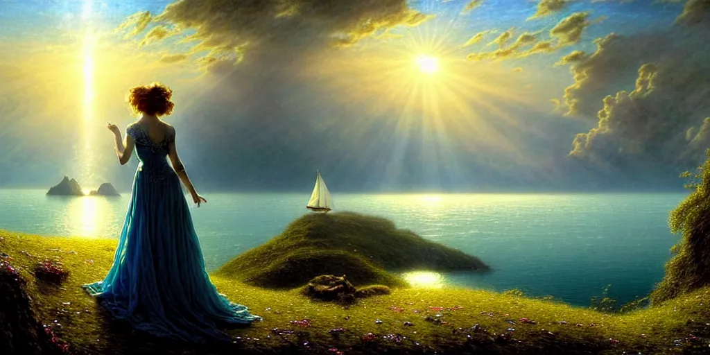 Image similar to an elegant fairy queen in a blue lace dress dancing looking out at a lord of the rings scenery landscape, staring across the sea at a sail boat, sunrise, god's rays highly detailed, vivid colour, soft clouds, floral sunset, cinematic lighting, perfect composition, gustave dore, derek zabrocki, greg rutkowski, belsinski