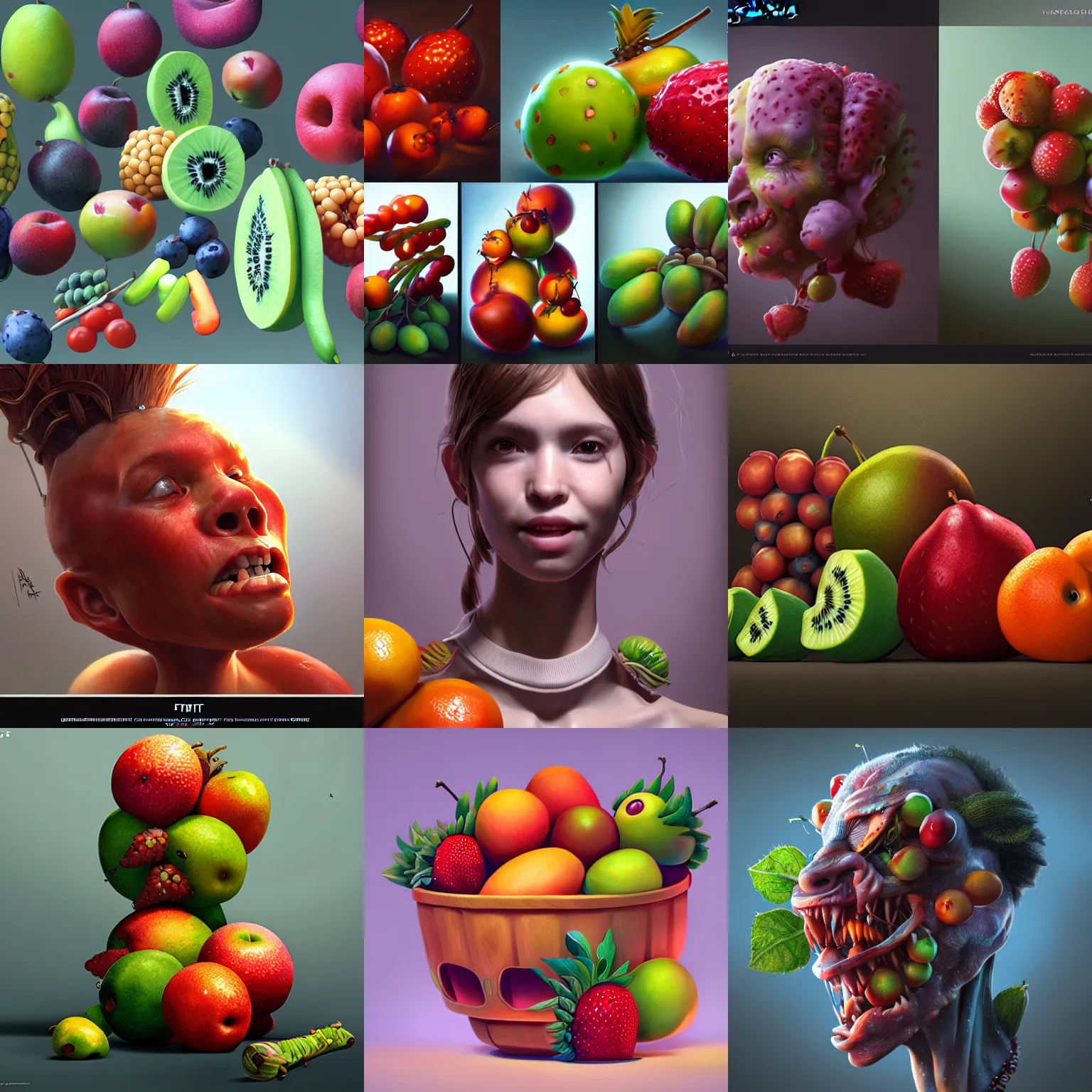 Prompt: meet the fruitties, cgsociety, digital, artistic lighting, hyperdetailed