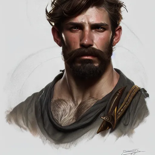 Image similar to portrait of a young rugged ranger, muscular, bust, hairy chest, D&D, fantasy, intricate, cinematic lighting, highly detailed, digital painting, artstation, concept art, smooth, sharp focus, illustration, art by Artgerm and Greg Rutkowski and Alphonse Mucha