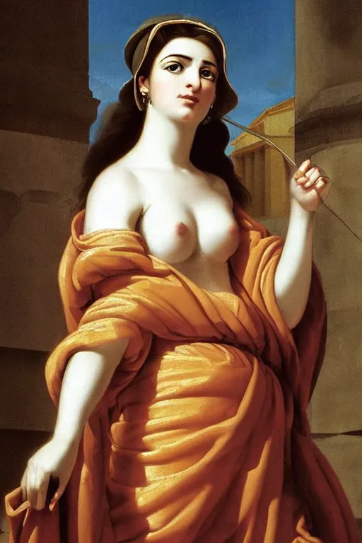 Prompt: beautiful woman, jealous face, closeup, dressed in roman clothes, ultra detailed, art by Guido Reni style