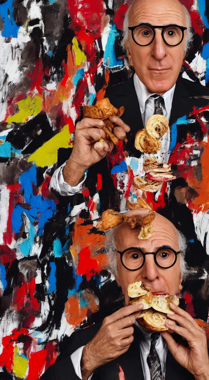 Image similar to larry david eating a bagel. style of a basquiat painting. hyper - realistic, 8 k, hd