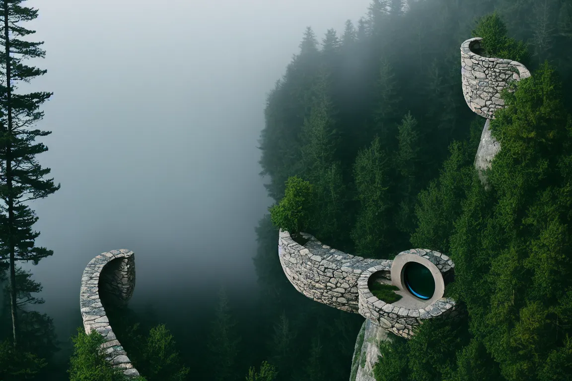 Image similar to Ellipse-shaped building with rounded windows, built on a large cliff near a coniferous forest. A thin stone bridge goes over the cliff. View from afar, fog, 8k, 16k, architecture photo, high details