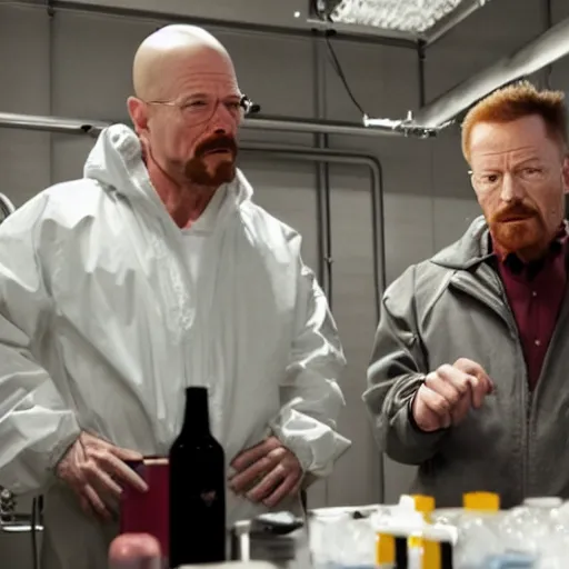 Prompt: a still from breaking bad of elon musk and walter white in a meth laboratory, 8k, close-up, detailed faces, bokeh