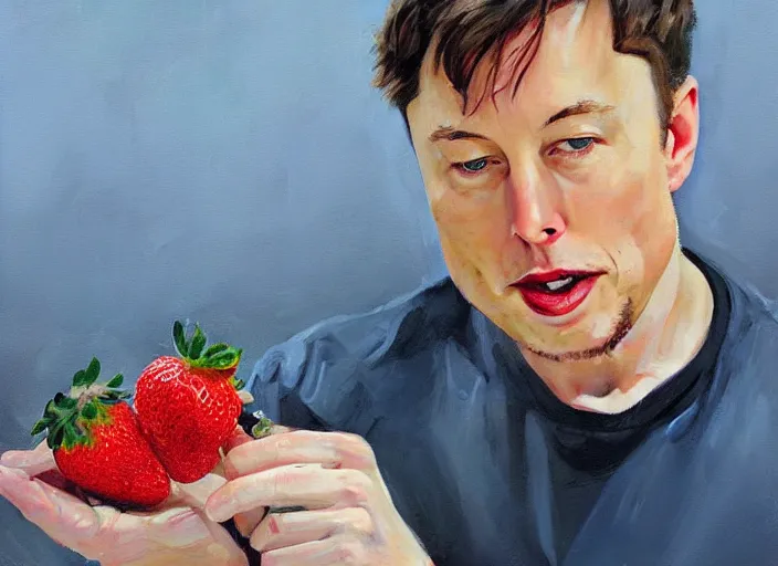 Prompt: a highly detailed beautiful portrait of elon musk eating strawberry, by gregory manchess, james gurney, james jean