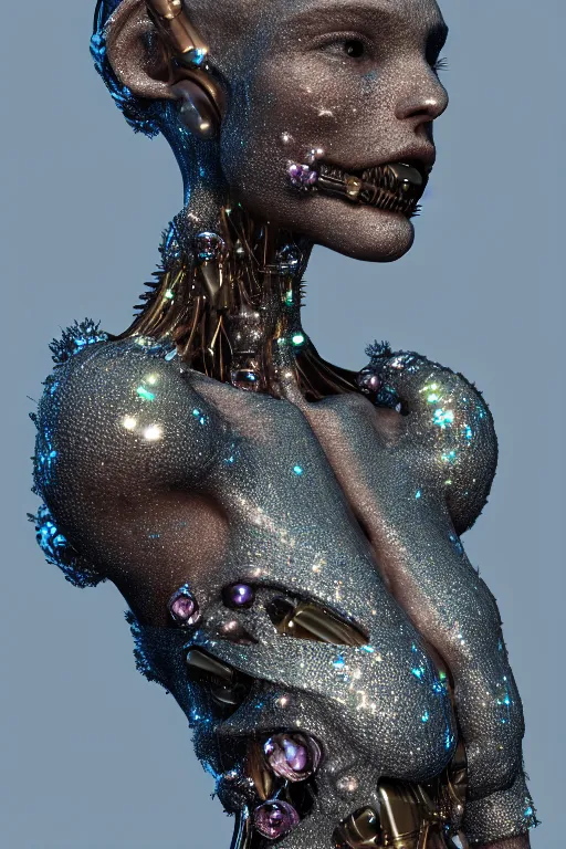 Image similar to skin concept anthropomorph, biopunk, in full growth, magical crystals, smoky crystals, translucent crystals, luminous sparkling crystals, many details, 3 d, cinematic, hyper realism, high detail, octane render