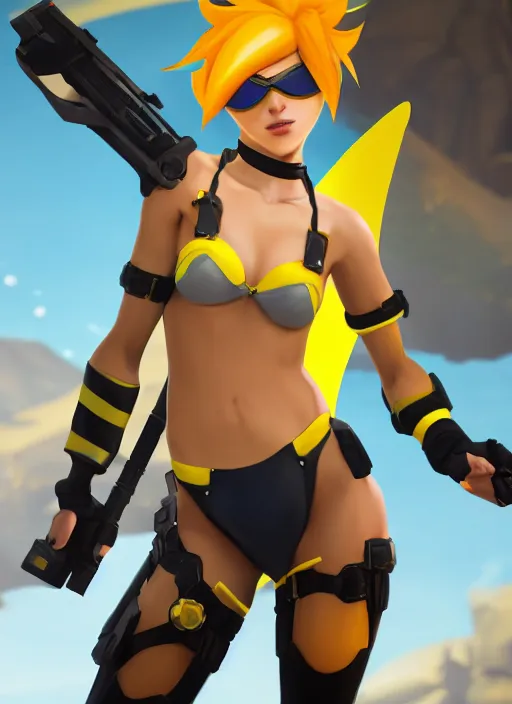 prompthunt: tracer game character, in yellow bikini, blonde hair