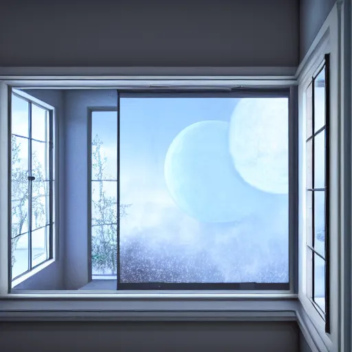 Prompt: Photorealistic window open to space, octane render, HD, volumetric lighting, mist, twilight, high details