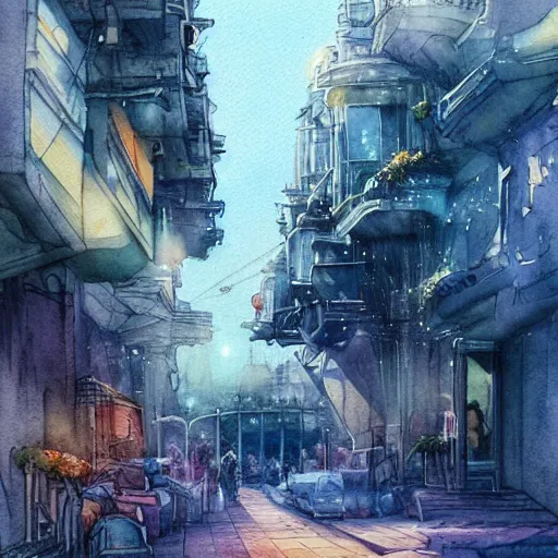 Image similar to Beautiful happy picturesque charming sci-fi city in harmony with nature. Beautiful light. Nice colour scheme, soft warm colour. Beautiful detailed watercolor by Lurid. (2022)