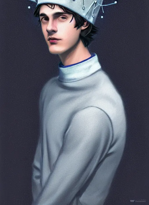 Image similar to portrait of teenage jughead jones wearing a light grey crown, crown, blue turtleneck, 1 9 5 0 s, closed eyes, photorealistic, black hair, glowing lighting, intricate, elegant, glowing lights, highly detailed, digital painting, artstation, concept art, smooth, sharp focus, illustration, art by wlop, mars ravelo and greg rutkowski